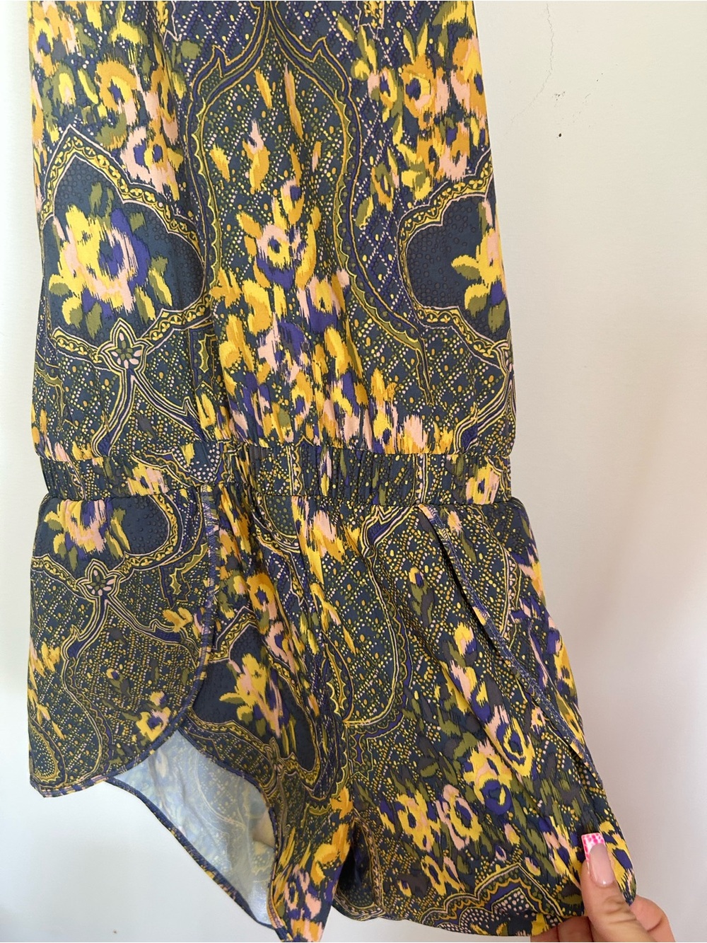 Sleeveless Floral Paisley Halter Romper in Navy and Mustard - Picture 2 of 3